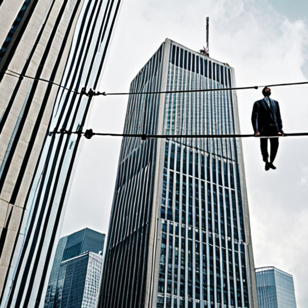 **

A person standing on a tightrope between two skyscrapers labeled "Old Job" and "New Job," with a short-term insurance policy document acting as a safety net below. The sky is dramatic, with a mix of cloudy and sunny patches.

**