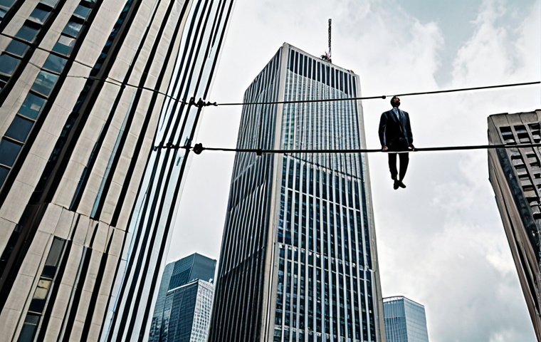 **

A person standing on a tightrope between two skyscrapers labeled "Old Job" and "New Job," with a short-term insurance policy document acting as a safety net below. The sky is dramatic, with a mix of cloudy and sunny patches.

**