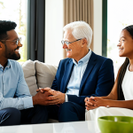 A diverse, multi-generational family, including parents, children, and grandparents, sitting comfortably in a bright, modern living room, engaging in a calm discussion with a professional financial advisor. They are all fully clothed in modest, contemporary attire. The atmosphere is one of security, planning, and hope for the future. Sunlight streams through large windows, highlighting a sense of warmth and well-being. The scene conveys peace of mind and family unity, representing generational financial security. Perfect anatomy, correct proportions, natural pose, well-formed hands, proper finger count, natural body proportions. Safe for work, appropriate content, fully clothed, family-friendly, professional setting, high quality, detailed.