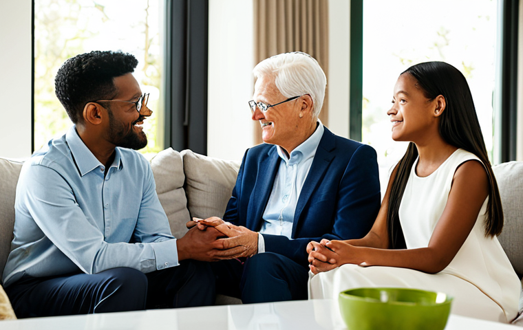 A diverse, multi-generational family, including parents, children, and grandparents, sitting comfortably in a bright, modern living room, engaging in a calm discussion with a professional financial advisor. They are all fully clothed in modest, contemporary attire. The atmosphere is one of security, planning, and hope for the future. Sunlight streams through large windows, highlighting a sense of warmth and well-being. The scene conveys peace of mind and family unity, representing generational financial security. Perfect anatomy, correct proportions, natural pose, well-formed hands, proper finger count, natural body proportions. Safe for work, appropriate content, fully clothed, family-friendly, professional setting, high quality, detailed.