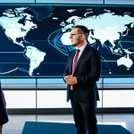 A diverse group of professional data analysts and risk managers in modest business attire, collaborating around large, interactive holographic displays showing real-time global data streams and predictive analytics models. The scene is a futuristic, well-lit control center with sleek, minimalist design, glass walls, and complex data visualizations projected around them. The image features high-resolution professional photography, sharp focus, vibrant colors, and clear details, ensuring fully clothed, appropriate attire, safe for work, perfect anatomy, correct proportions, natural pose, professional dress, well-formed hands, proper finger count, natural body proportions, professional, family-friendly, and appropriate content.
