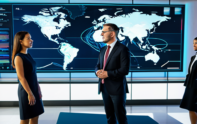 A diverse group of professional data analysts and risk managers in modest business attire, collaborating around large, interactive holographic displays showing real-time global data streams and predictive analytics models. The scene is a futuristic, well-lit control center with sleek, minimalist design, glass walls, and complex data visualizations projected around them. The image features high-resolution professional photography, sharp focus, vibrant colors, and clear details, ensuring fully clothed, appropriate attire, safe for work, perfect anatomy, correct proportions, natural pose, professional dress, well-formed hands, proper finger count, natural body proportions, professional, family-friendly, and appropriate content.