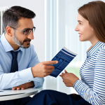 **

"A financial advisor in a modern office, sitting across from a client, discussing critical illness insurance options. The advisor is pointing to a brochure with easy-to-understand graphics. The scene conveys trust and expertise. Fully clothed, professional attire, safe for work, appropriate content, perfect anatomy, correct proportions, well-formed hands, proper finger count, natural body proportions, professional photography, high quality, family-friendly, daytime setting."

**