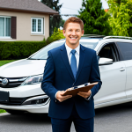 **

"A modern sedan with minor damage to the front bumper, parked on a suburban street. A fully clothed, friendly insurance agent stands beside the car, holding a clipboard and smiling reassuringly. The background shows well-maintained houses and green lawns. Safe for work, appropriate content, fully clothed, professional, perfect anatomy, natural proportions, high quality."

**