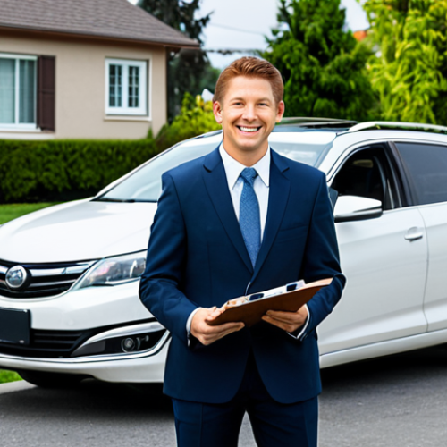 Home 20 **
"A modern sedan with minor damage to the front bumper, parked on a suburban street. A fully clothed, friendly insurance agent stands beside the car, holding a clipboard and smiling reassuringly. The background shows well-maintained houses and green lawns. Safe for work, appropriate content, fully clothed, professional, perfect anatomy, natural proportions, high quality."
**