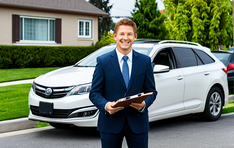 **
"A modern sedan with minor damage to the front bumper, parked on a suburban street. A fully clothed, friendly insurance agent stands beside the car, holding a clipboard and smiling reassuringly. The background shows well-maintained houses and green lawns. Safe for work, appropriate content, fully clothed, professional, perfect anatomy, natural proportions, high quality."
**