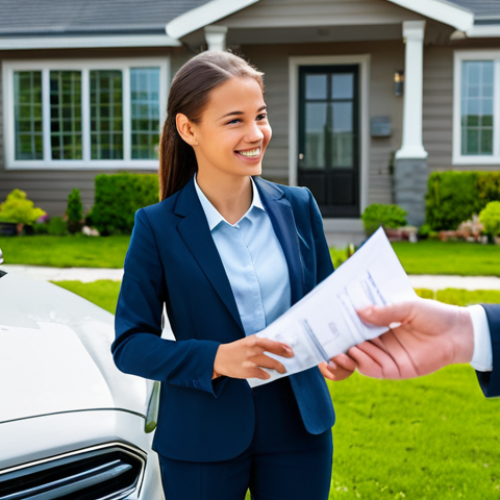 Home 19 Safe Driver Discount Scene**
"A professional insurance agent, fully clothed in a modest business outfit, shaking hands with a young woman holding car keys in front of a modern, suburban home. The agent is handing her a document labeled 'Safe Driver Discount'. Background includes a well-maintained car in the driveway and green landscaping. safe for work, appropriate content, family-friendly, perfect anatomy, correct proportions, well-formed hands, professional photography, high quality, fully clothed, modest clothing, natural pose."
**