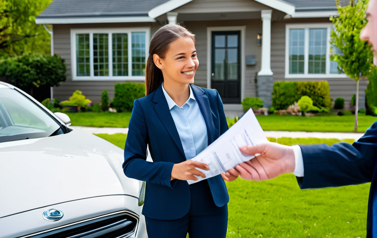 Safe Driver Discount Scene**
"A professional insurance agent, fully clothed in a modest business outfit, shaking hands with a young woman holding car keys in front of a modern, suburban home. The agent is handing her a document labeled 'Safe Driver Discount'. Background includes a well-maintained car in the driveway and green landscaping. safe for work, appropriate content, family-friendly, perfect anatomy, correct proportions, well-formed hands, professional photography, high quality, fully clothed, modest clothing, natural pose."
**
