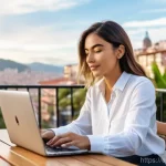 Home 7 여행자 보험 선택 가이드 - **A Digital Nomad's Protected Workspace:**
    Generate an image featuring a dynamic, diverse indivi...