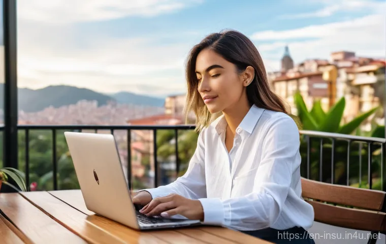 여행자 보험 선택 가이드 - **A Digital Nomad's Protected Workspace:**
    Generate an image featuring a dynamic, diverse indivi...