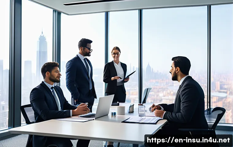 전문직 보험 상품 추천 - A professional office scene showing a diverse group of consultants and lawyers in a modern meeting r...