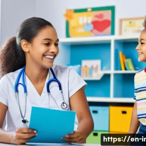 Home 32 어린이 보험 추천 - A warm and inviting pediatric clinic scene showing a cheerful young child wearing a colorful t-shirt...