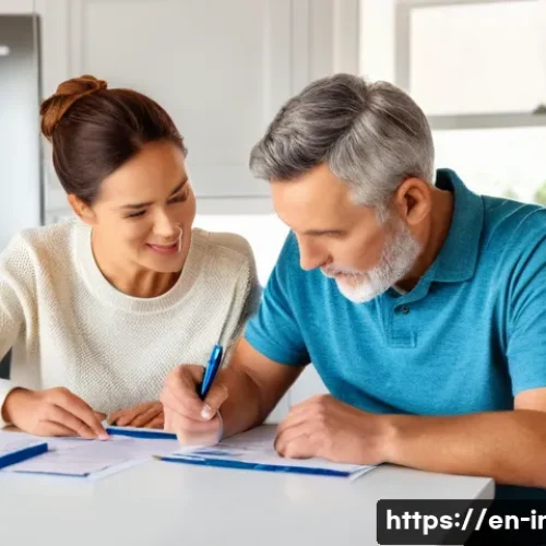 Home 31 장기요양보험과 건강보험 차이 - A warm, realistic scene showing a middle-aged couple sitting at a kitchen table, reviewing health in...