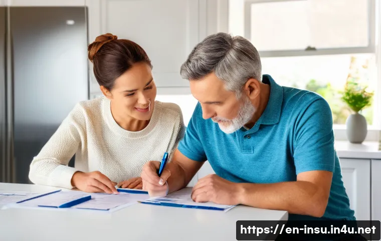 장기요양보험과 건강보험 차이 - A warm, realistic scene showing a middle-aged couple sitting at a kitchen table, reviewing health in...
