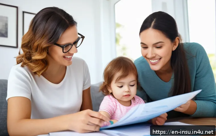 자녀 보험 가입 시기 - A warm, cozy family scene in a modern living room where parents are sitting with their young child w...