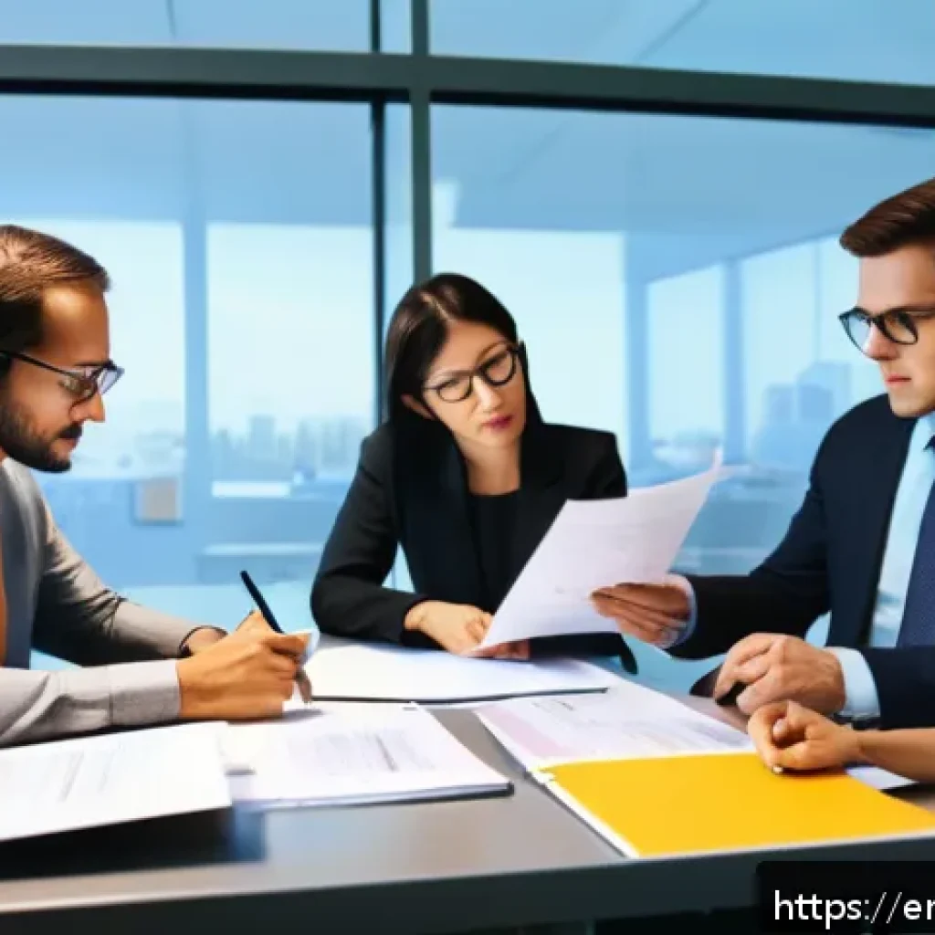 보험금 지급 거절 사례 - A professional office scene showing a diverse group of adults reviewing detailed insurance policy do...