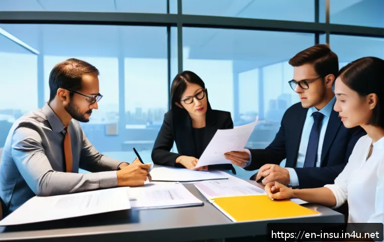 보험금 지급 거절 사례 - A professional office scene showing a diverse group of adults reviewing detailed insurance policy do...