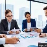 보험 가입 전 필수 체크리스트 - A detailed, professional office scene showing a diverse group of adults (wearing business casual att...