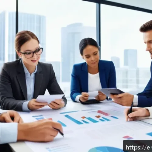 보험 가입 전 필수 체크리스트 - A detailed, professional office scene showing a diverse group of adults (wearing business casual att...