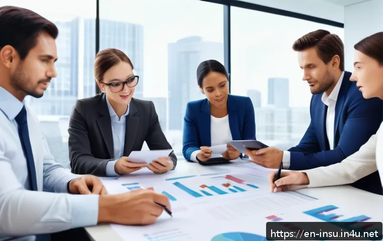 보험 가입 전 필수 체크리스트 - A detailed, professional office scene showing a diverse group of adults (wearing business casual att...