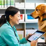 펫보험 가입 방법 - A cozy veterinary clinic scene showing a middle-aged woman consulting with a friendly veterinarian a...