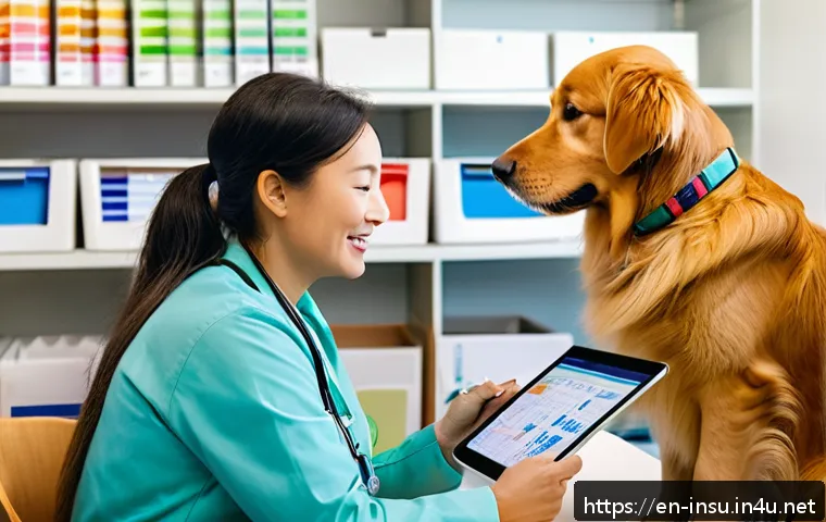 펫보험 가입 방법 - A cozy veterinary clinic scene showing a middle-aged woman consulting with a friendly veterinarian a...